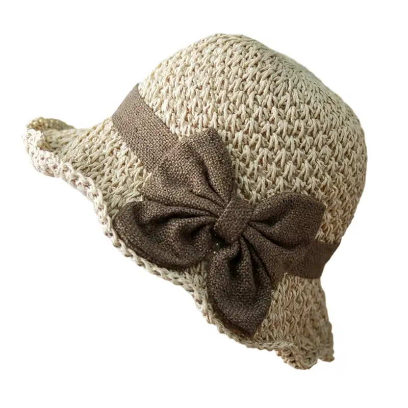 Women's Foldable Wide-Brim Straw Sun Hat – Hand-Knitted Cotton-Linen Blend with Bow Detail (Summer Style)