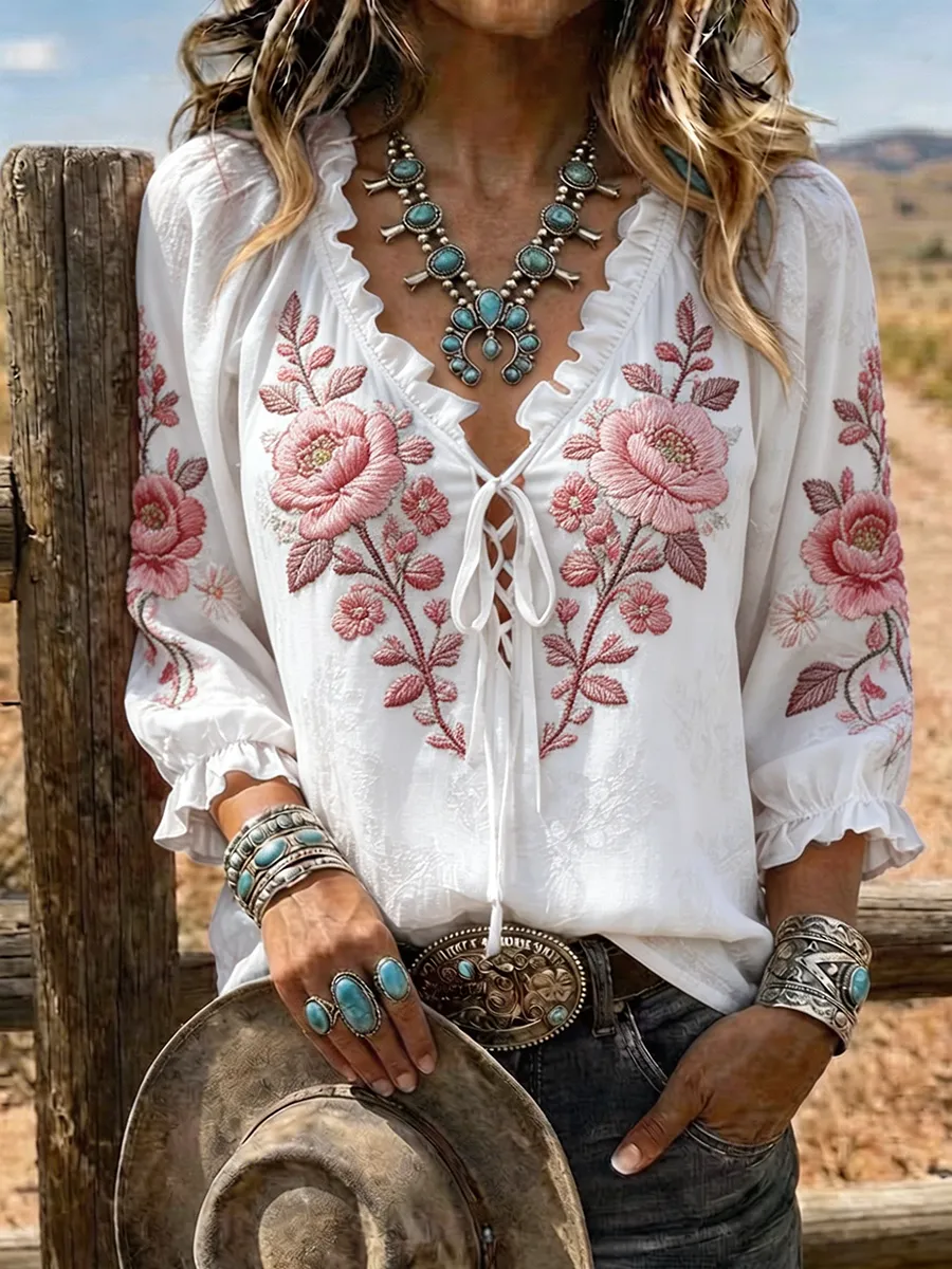 Women's Floral Embroidered Lace-Up Western Blouse