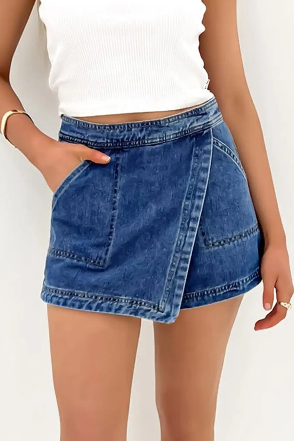 Faux Wrapped Mini Denim Skort Denim Shorts