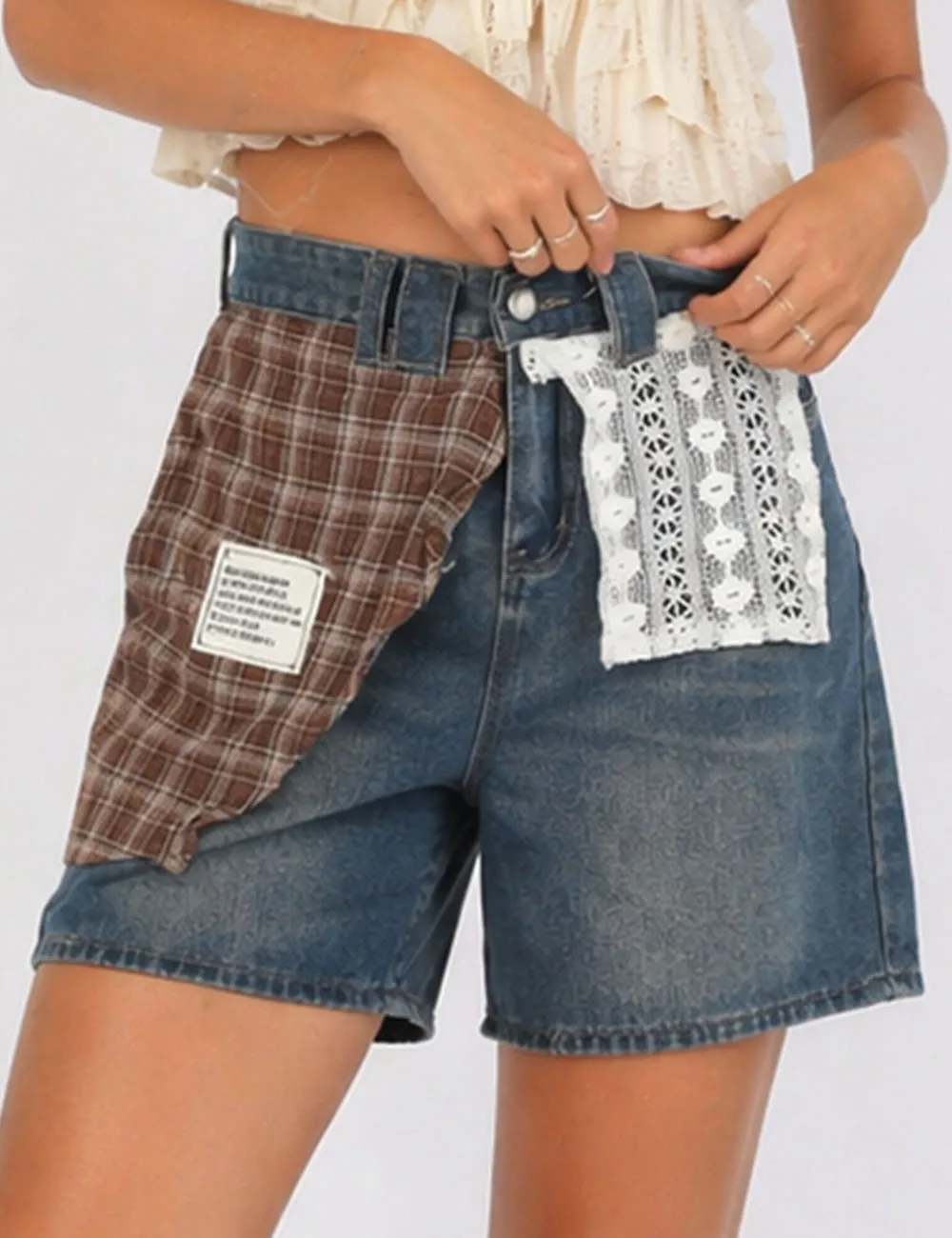 Plaid Lace Patchwork Wide Leg Denim Shorts