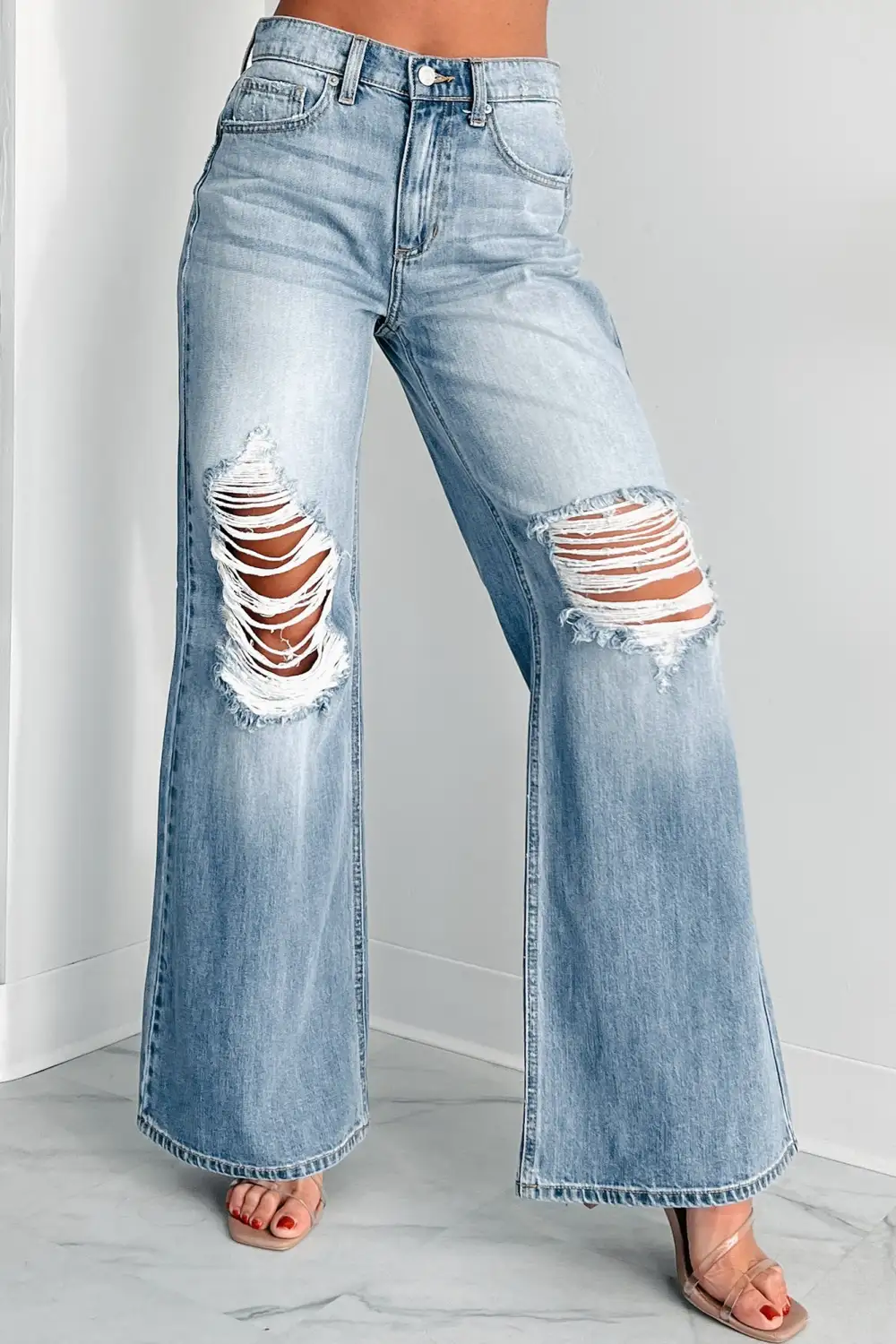 High Rise Distressed Wide Leg Sneak Peek Jeans