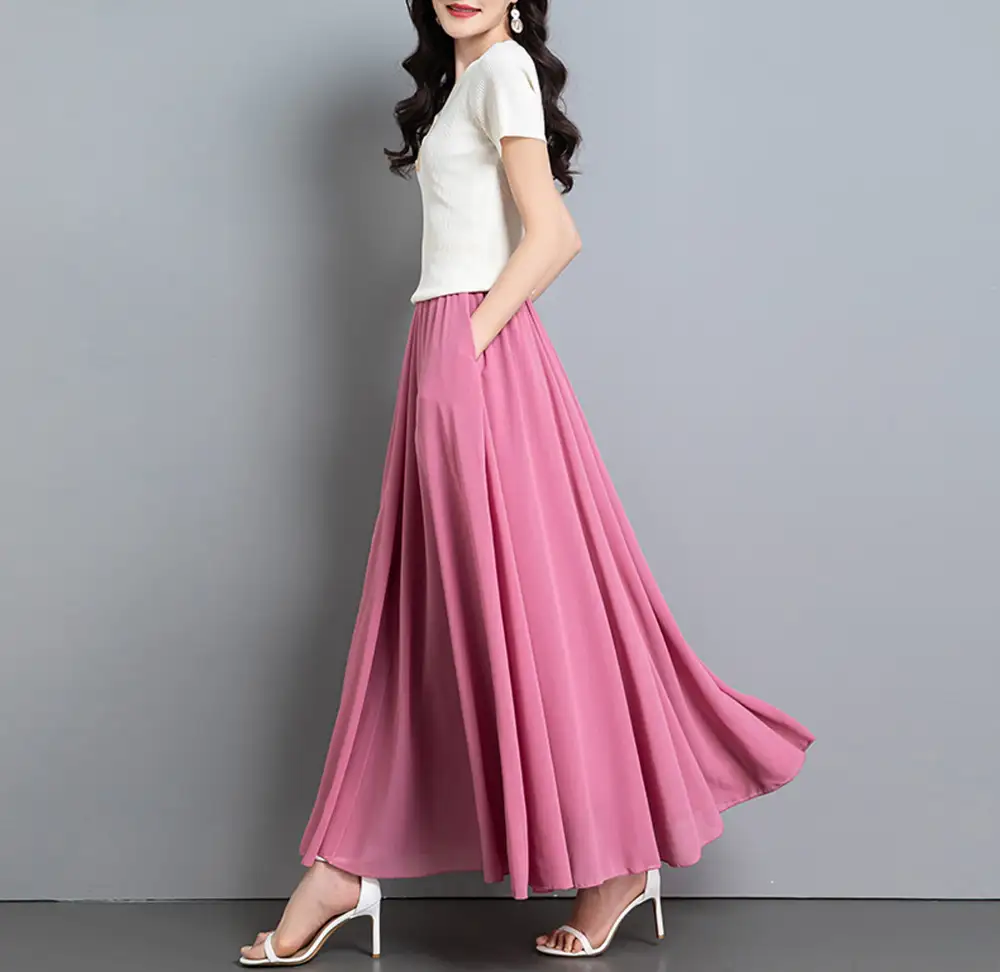 Modern Elastic Waist Chiffon A Line Maxi Skirt