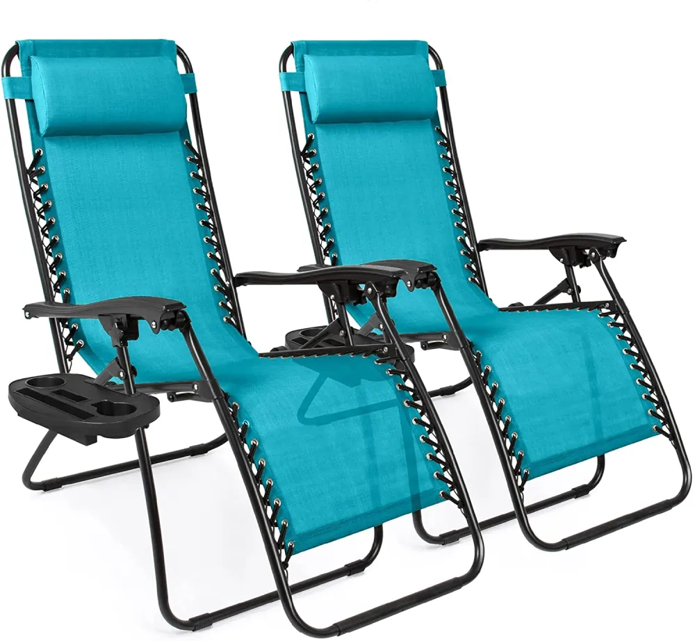 Set of 2 Adjustable Steel Mesh Zero Gravity Lounge Chair Recliners w/Pillows and Cup Holder Trays