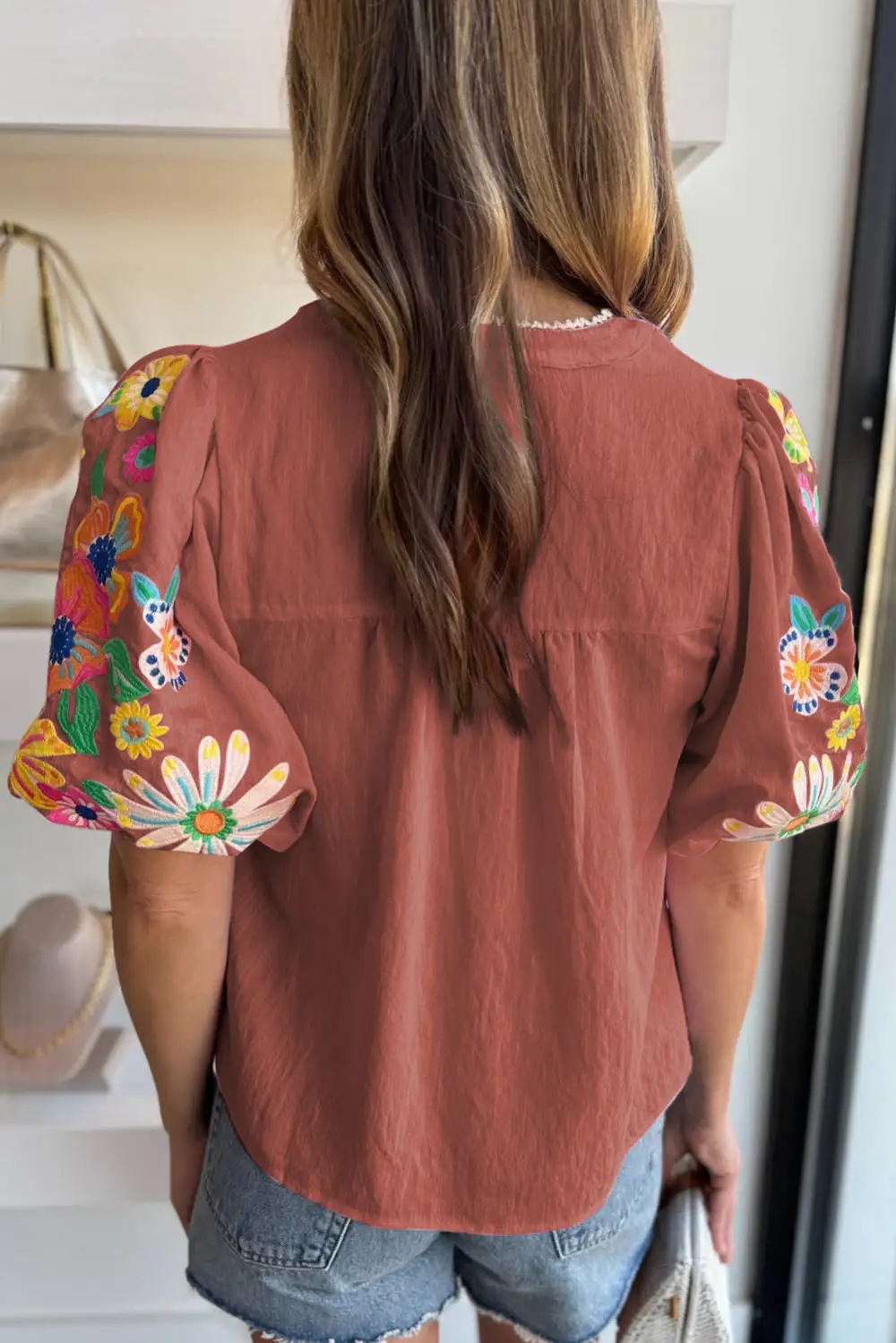 Softly Styled Floral Embroidered Puff Sleeve Blouse