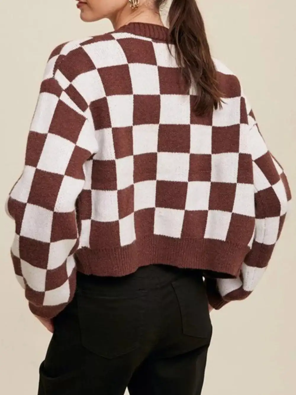 Checkerboard Pattern Button Down Cardigan