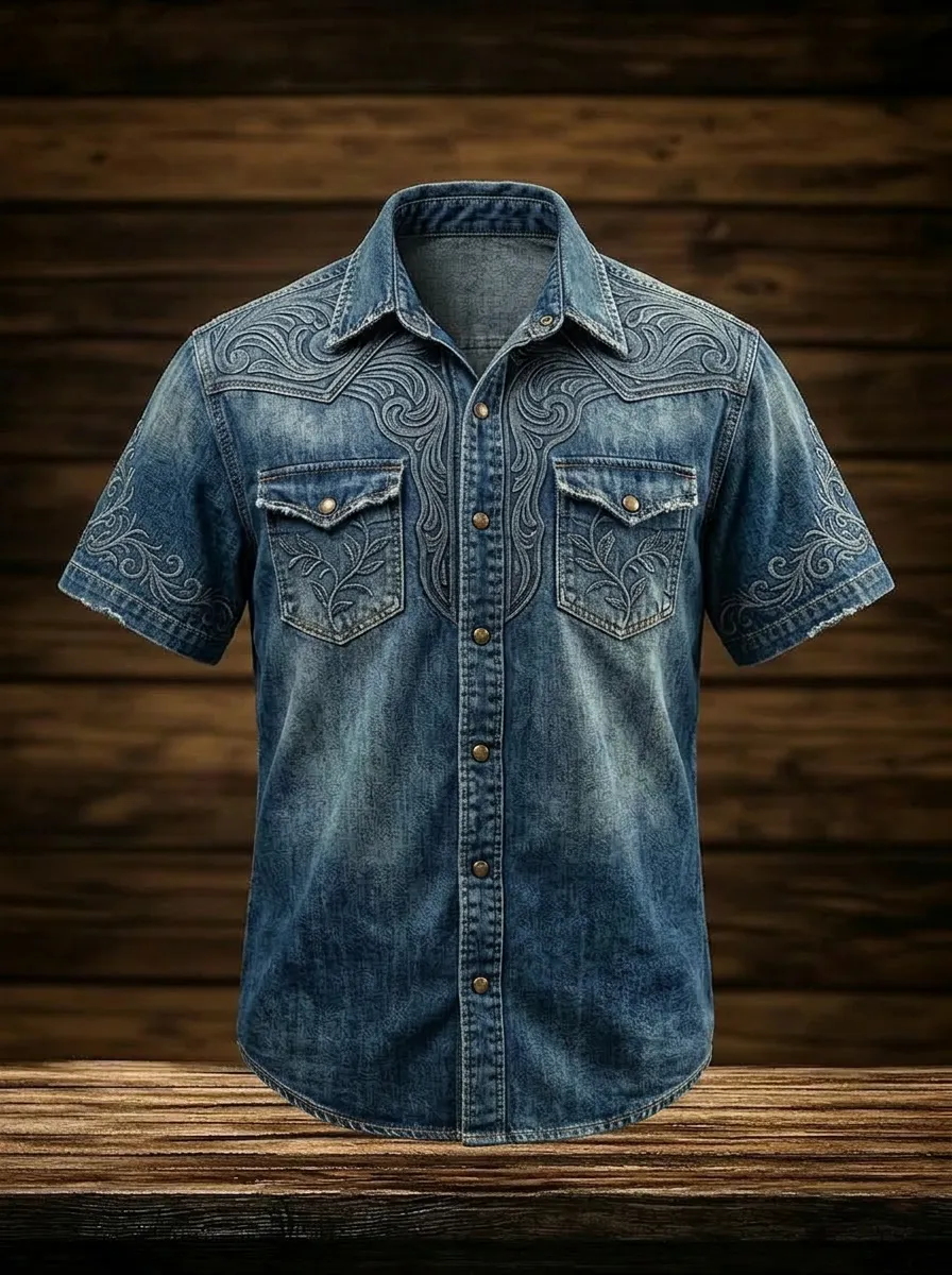 Men's Western Style Floral Embroidery Printed Denim Shirt