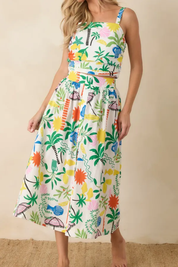 Multi Cotton Coastal Resort Print Midi Skirt