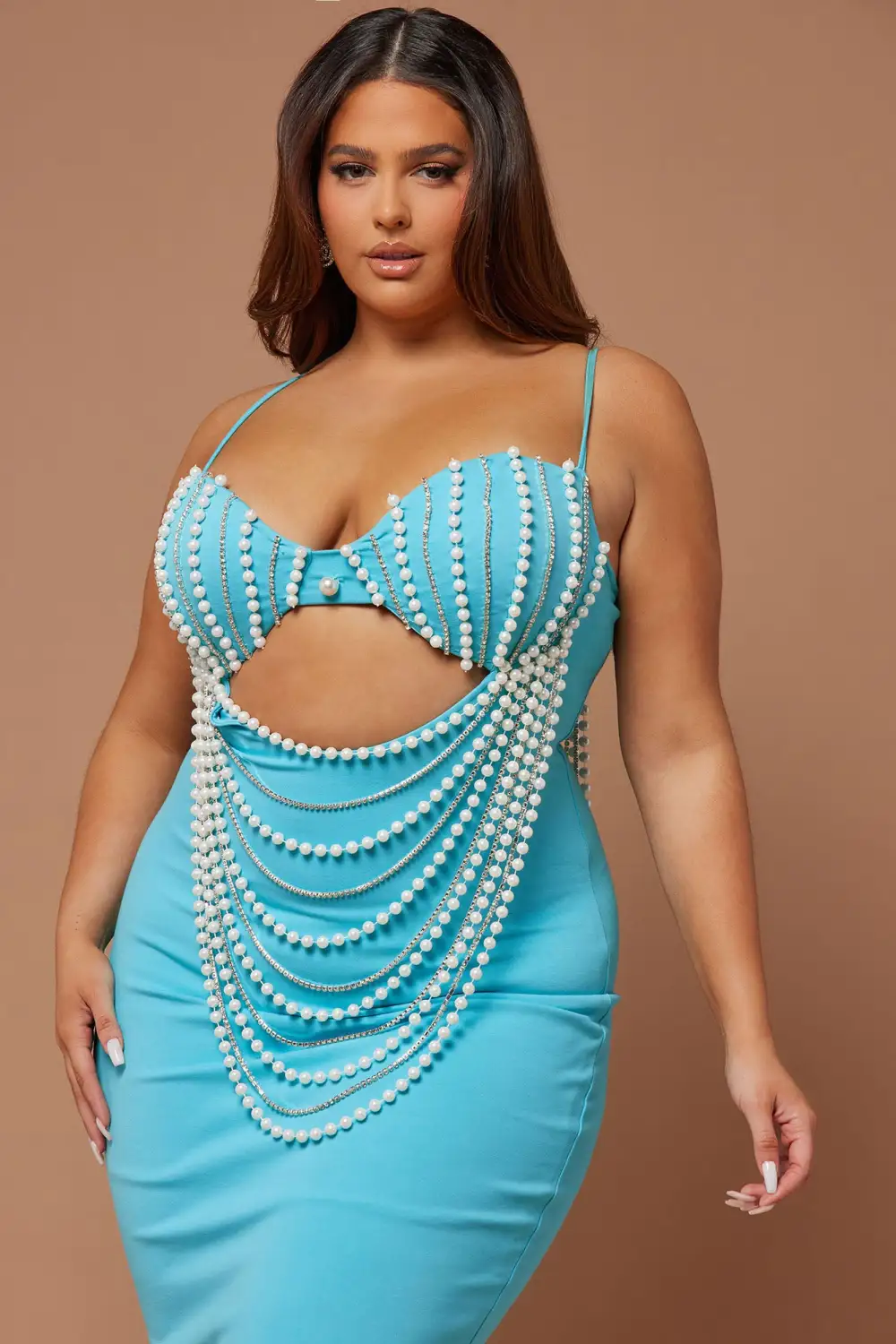 Ariel Pearl Embellished Midi Dress - Aqua