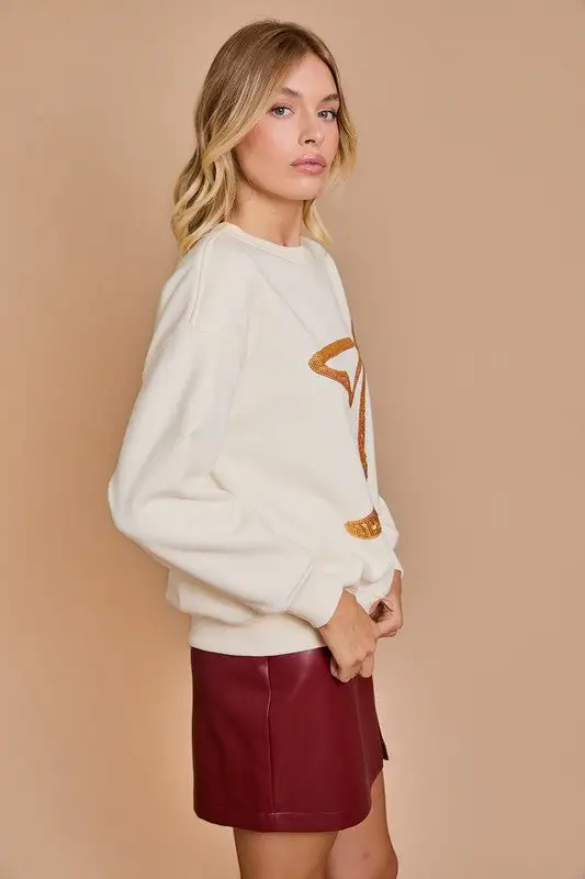 Sequin Bow Round Neck Pullover Sweatshirt