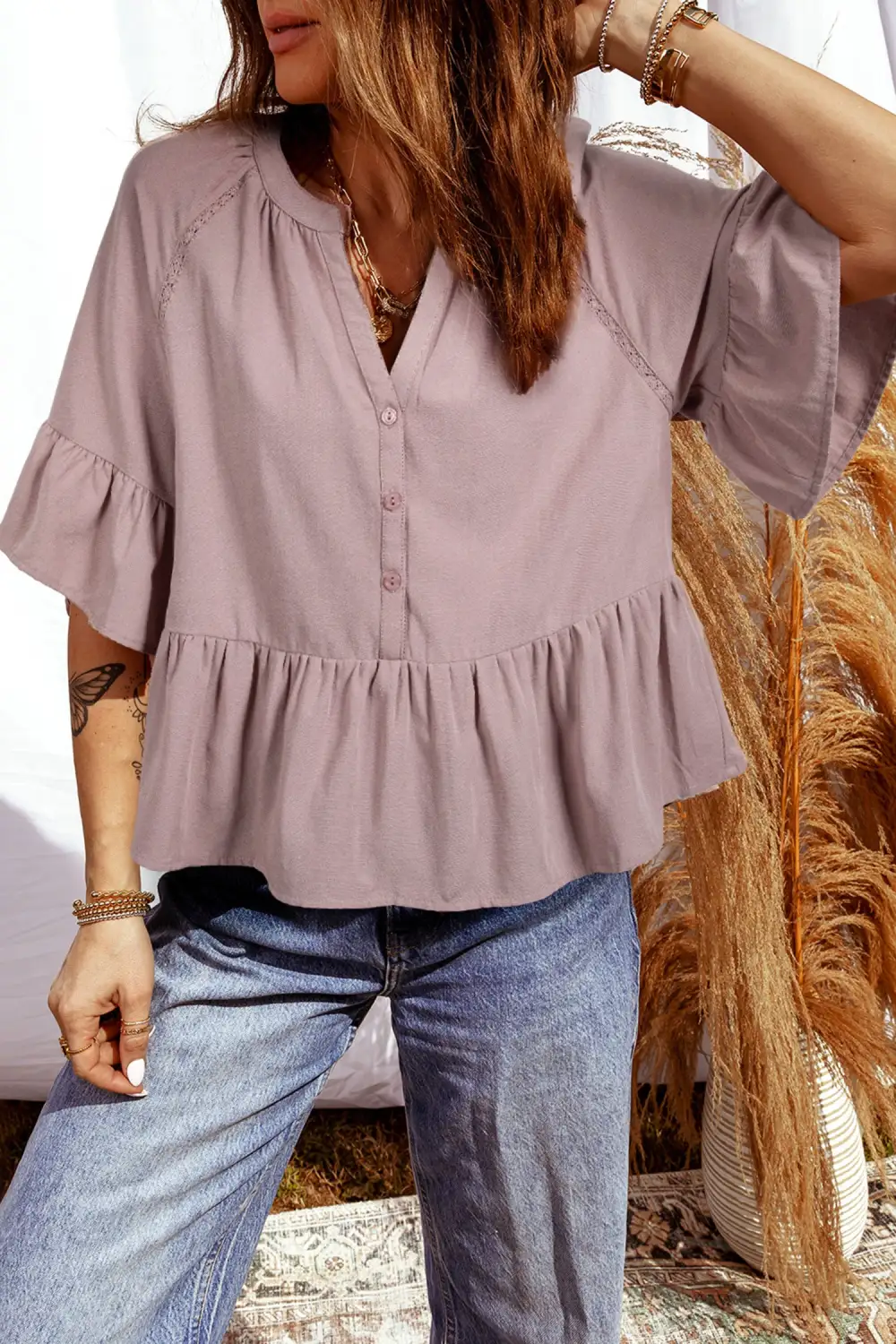 Relaxed Ruffle Sleeve V Neck Blouse