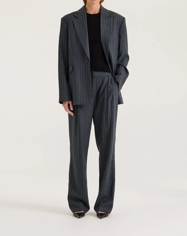 Gray Pinstripe Wide Leg Suit Pants