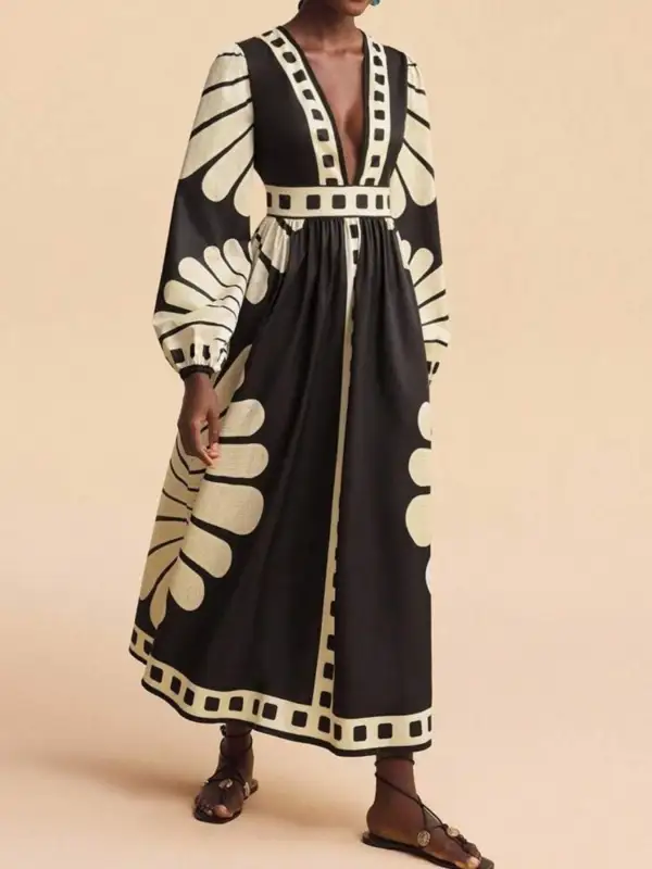 Printed V Neck Long Sleeve Dress Casual