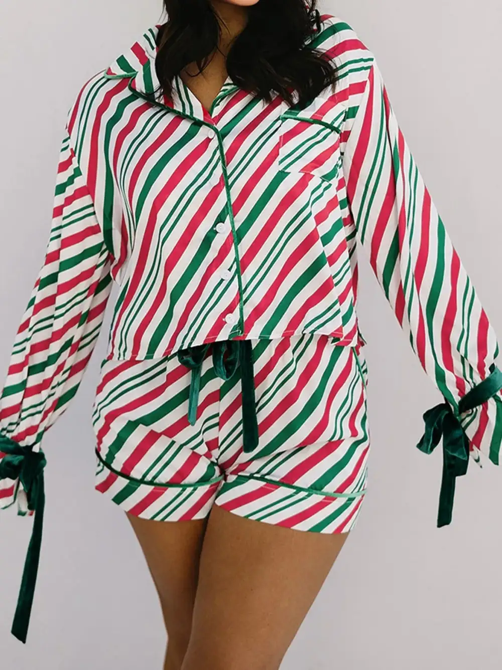 Stripe Contrast Velvet Ribbon Knot Christmas Pcs Pajama Set