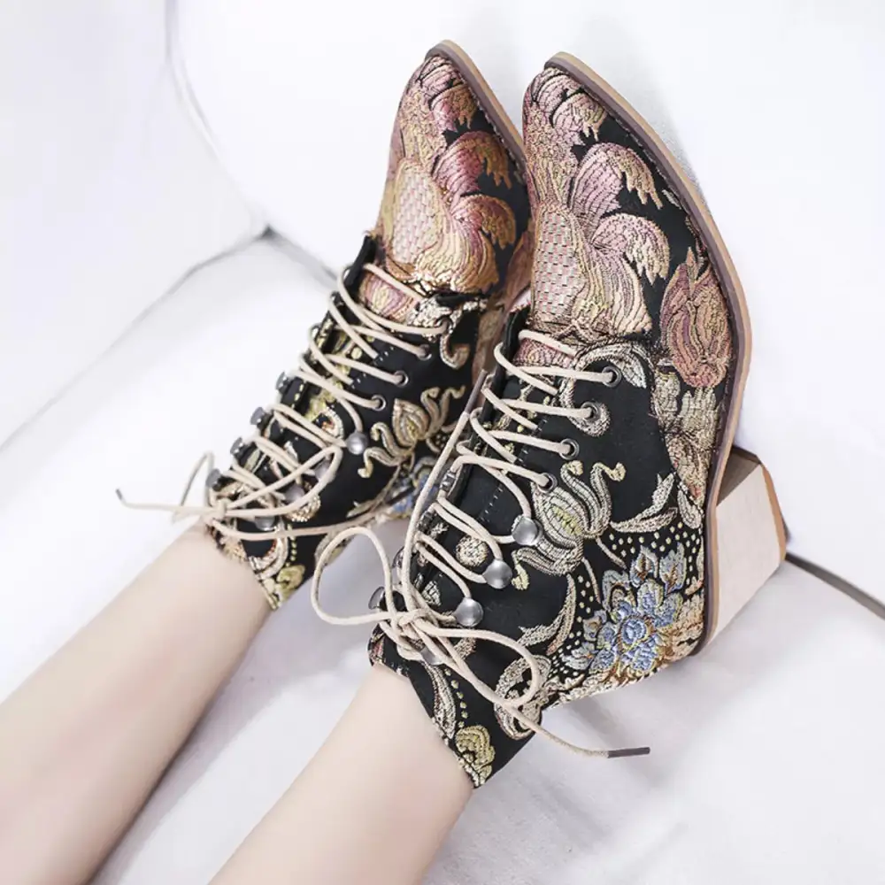 Embroidered Lace-Up Ankle Boots