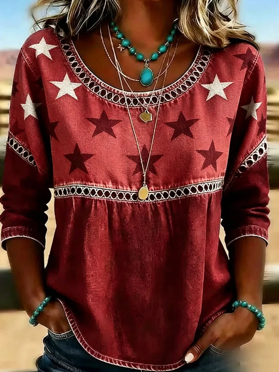 Women's Casual Round-Neck Printed Cotton-Linen Top