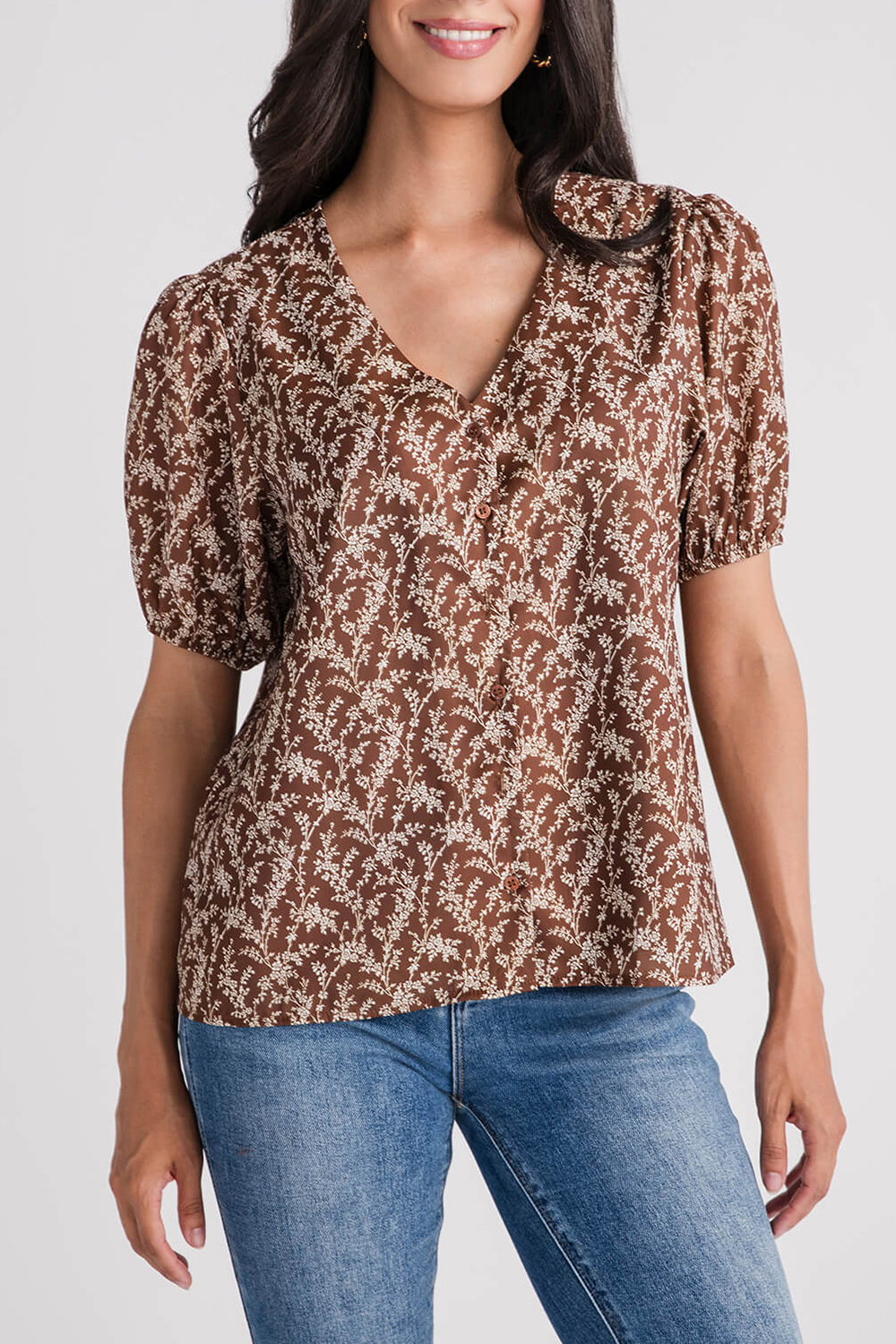 Wishlist Floral Puff Sleeve Blouse - coffee/ivory