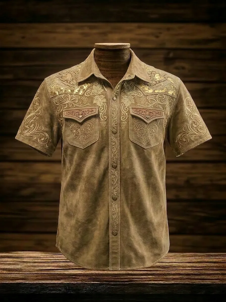 Men's Western Cowboy Floral Embroidery Printed Shirt-2