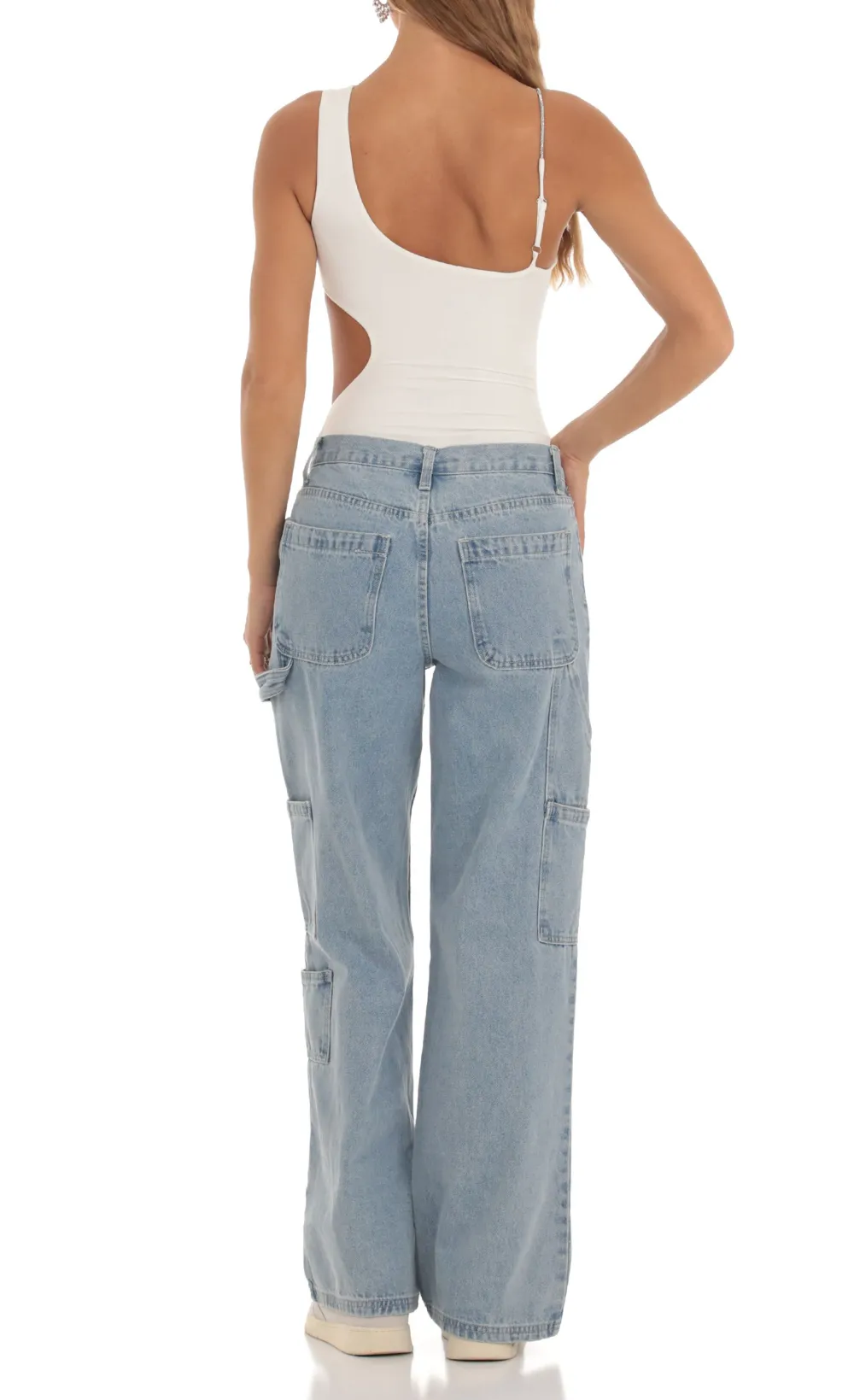 Rhinestone Cutout Bodysuit in White