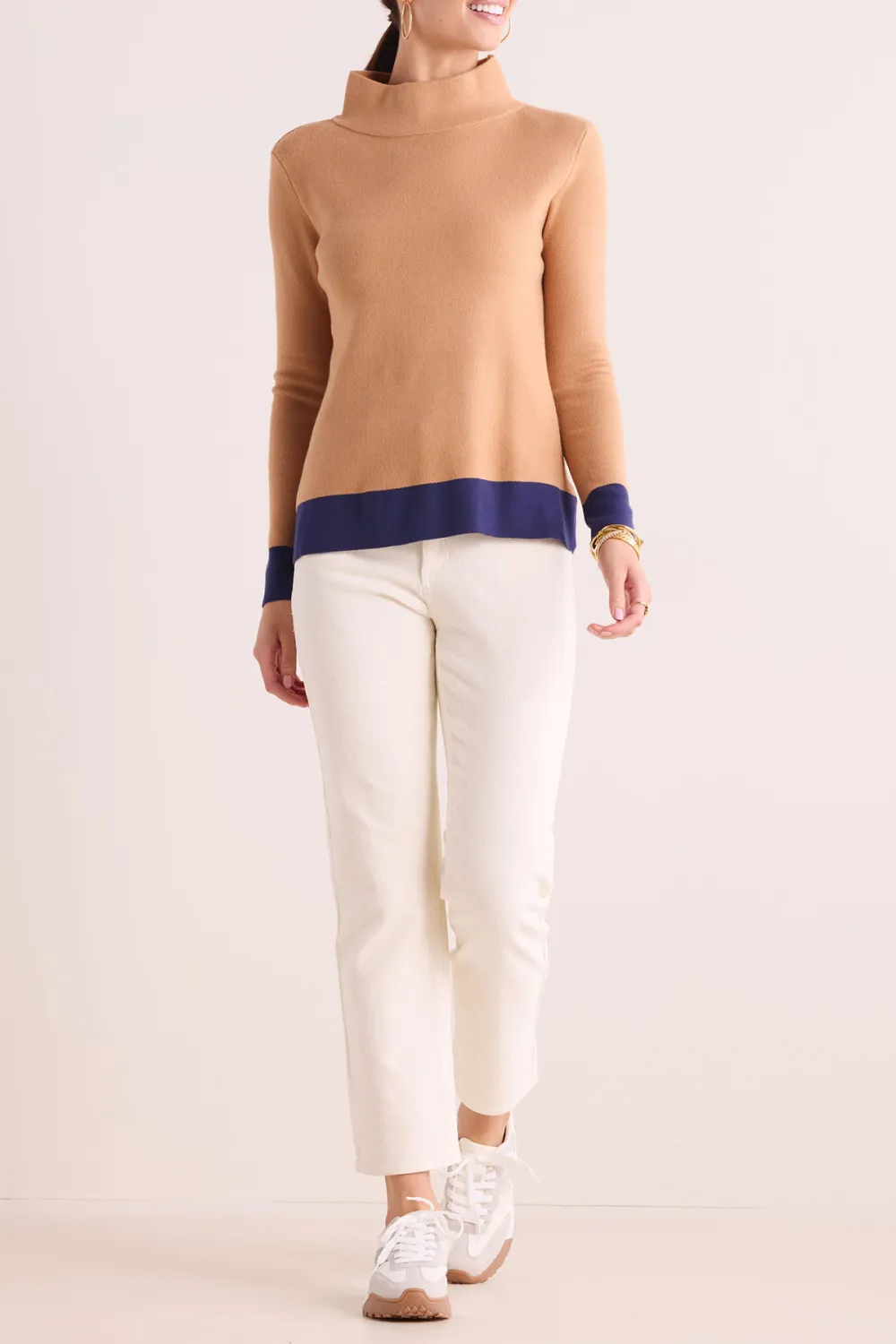 Camel Mock Neck Contrast Cuff Cropped Sweater