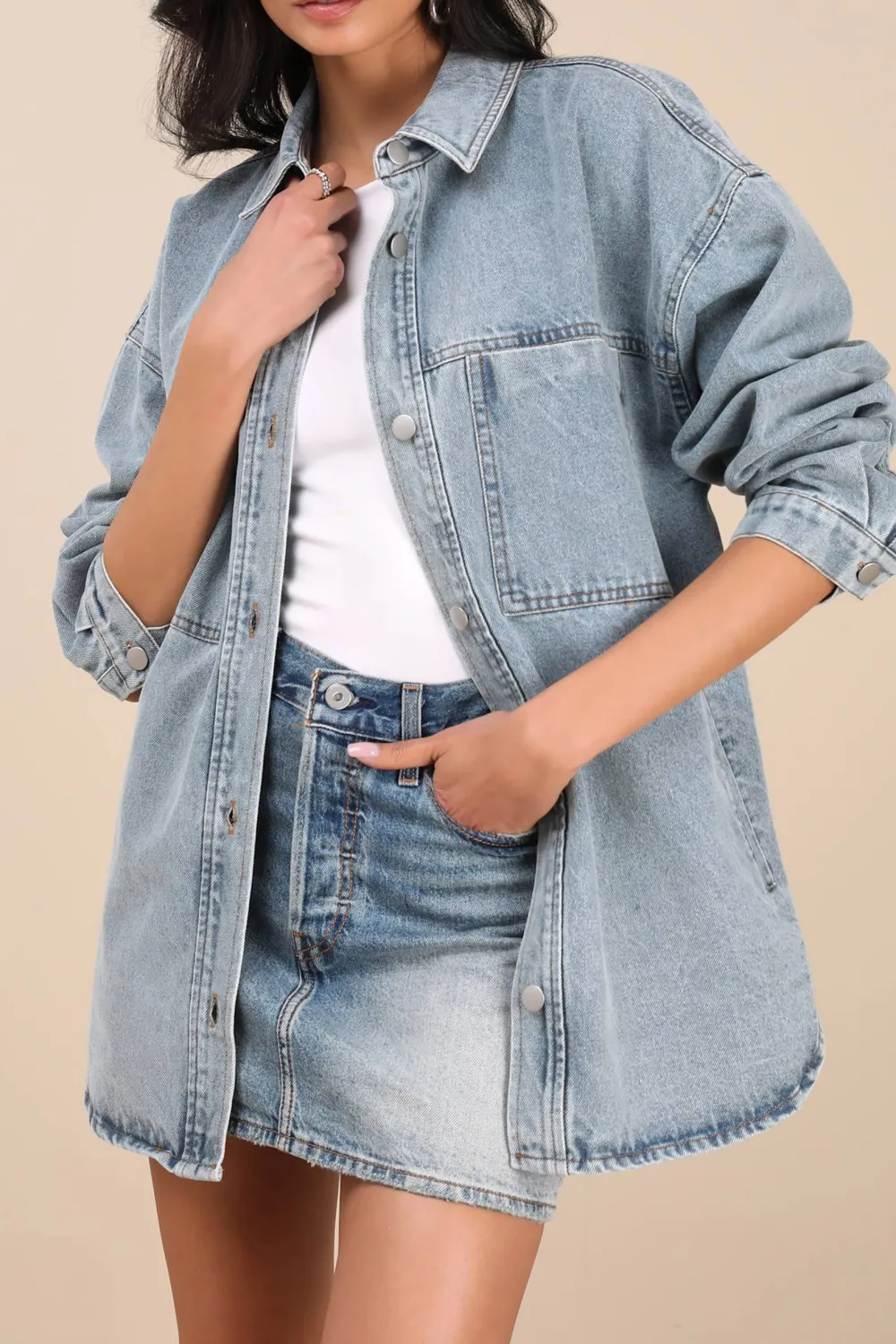 Casual Style Light Wash Denim Oversized Shacket