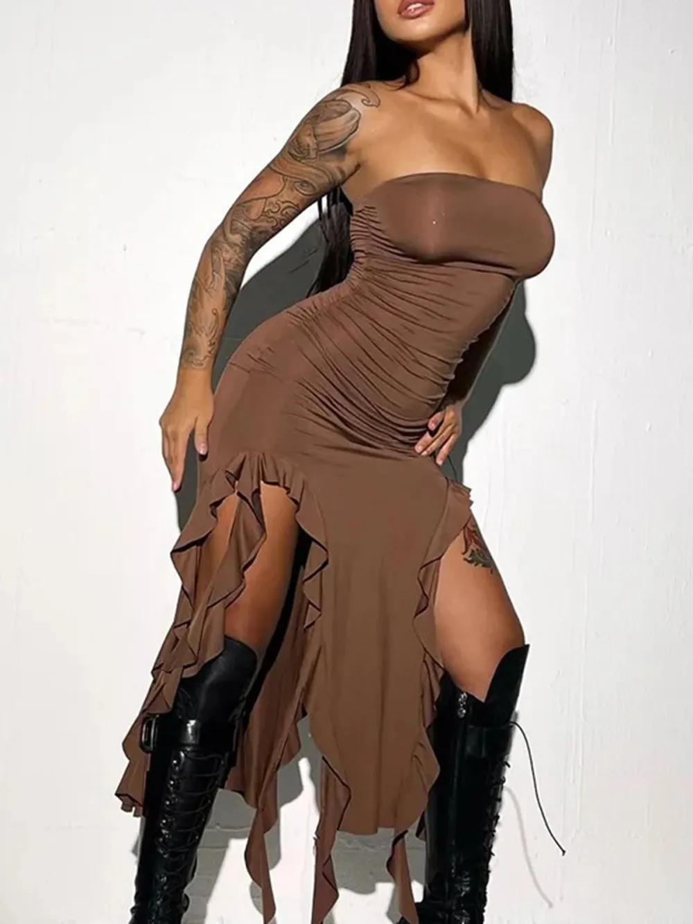 Y2K Black Ruffles Tube Dress Midi Dress
