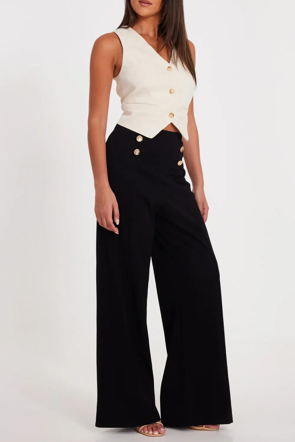 High-Rise Button-Detail Wide-Leg Women's Flared Trousers