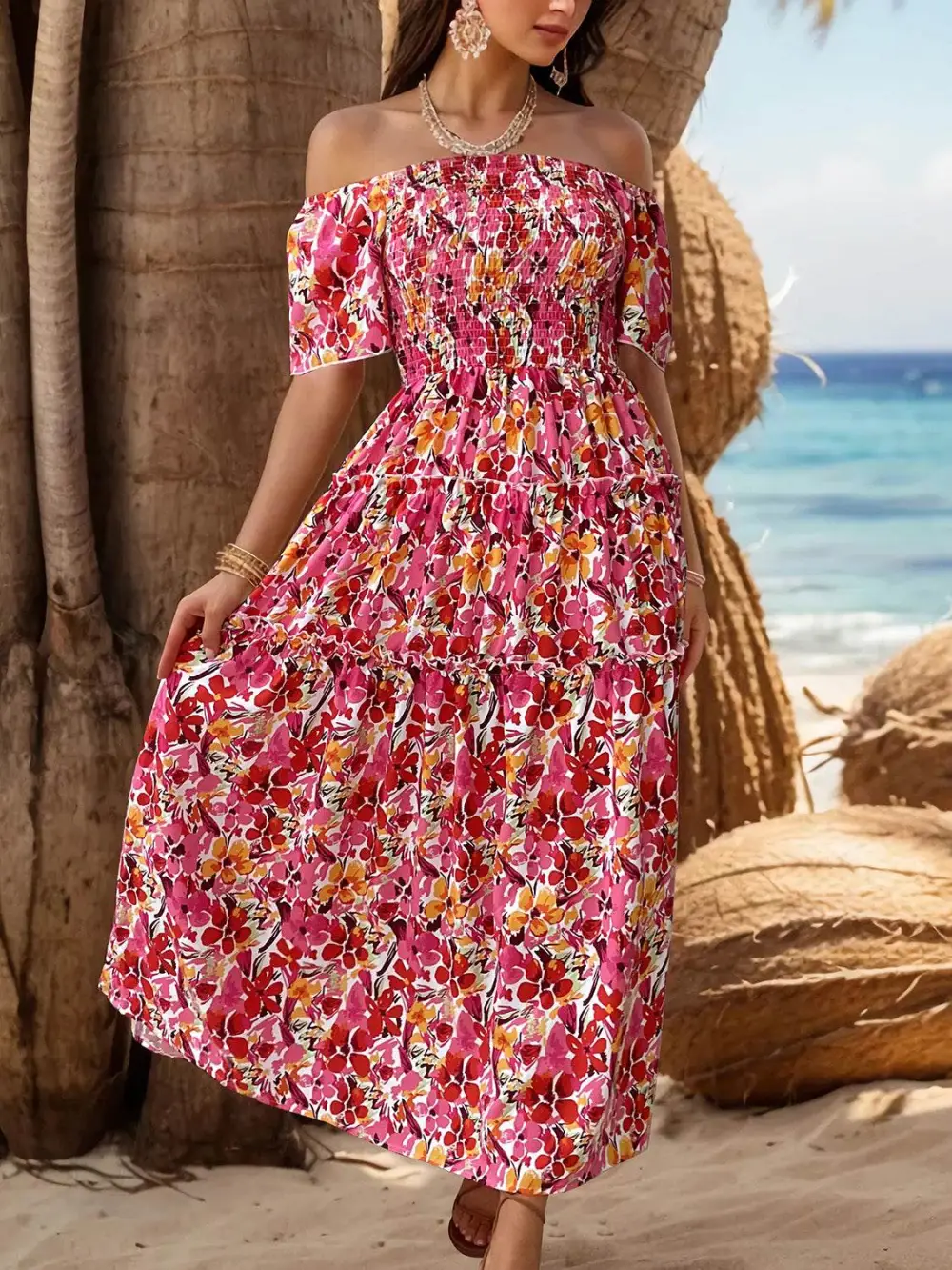 Floral Off Shoulder Slit Casual Dress