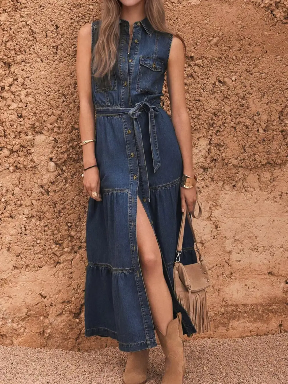 Layered Detail Denim Button Front Sleeveless Dress