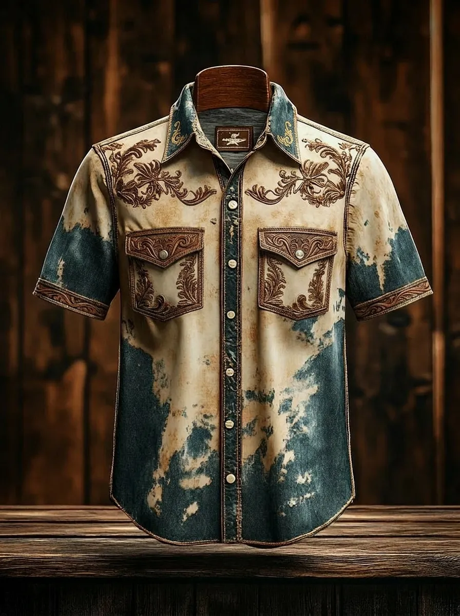 Men's Western Style Floral Tooled Leather Print Acid Wash Printed Shirt