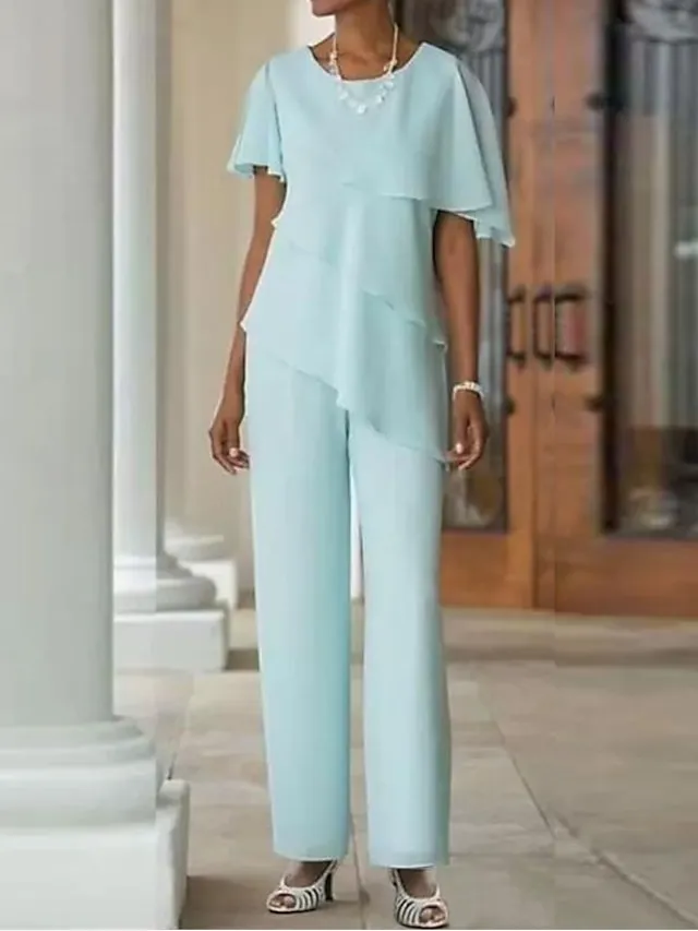 Two Piece Jumpsuit / Pantsuit Mother of the Bride Dress Wedding Guest Elegant Cape Dress Plus Size Jewel Neck Floor Length Chiffon Short Sleeve with Cascading Ruffles 2024