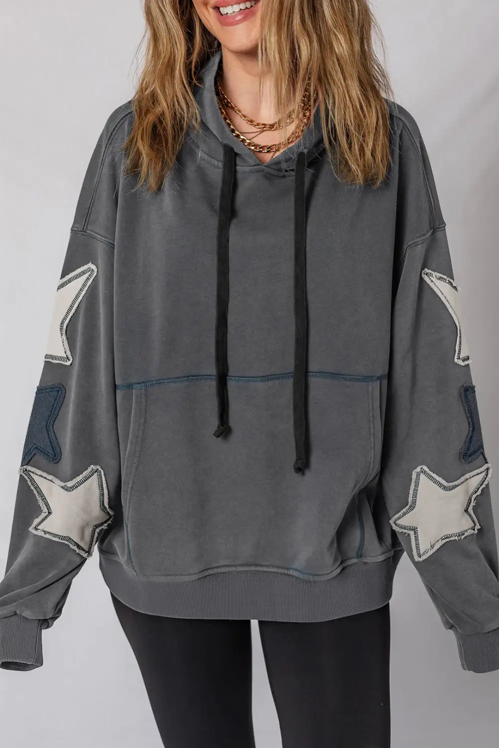 Star Accent Patchwork Mineral Wash Hoodie