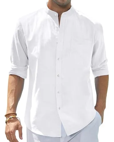 Men's Cotton Linen Long Sleeve Shirts Casual Button Down Banded Collar Shirt Beach Summer Tops with Pocket