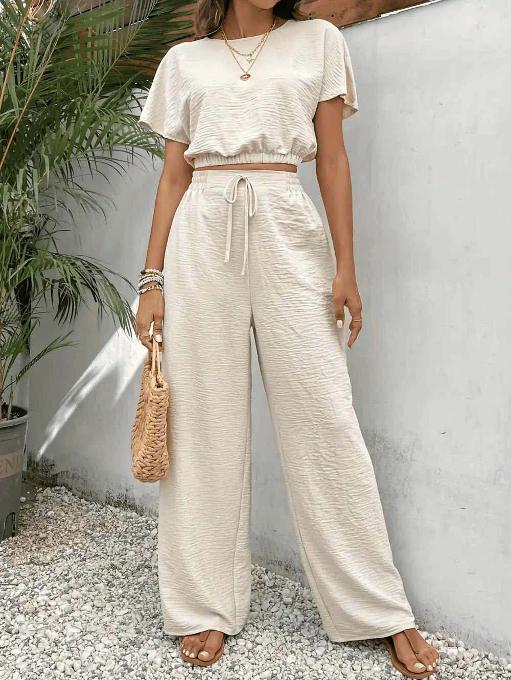 Two-Piece Set: Breezy Spring/Summer (Batwing Top, Tie Front Pants)