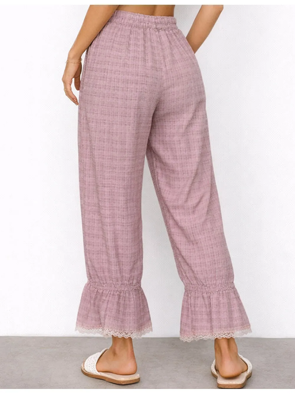 Elastic Waist Lace Hem Pocket Lantern Pants