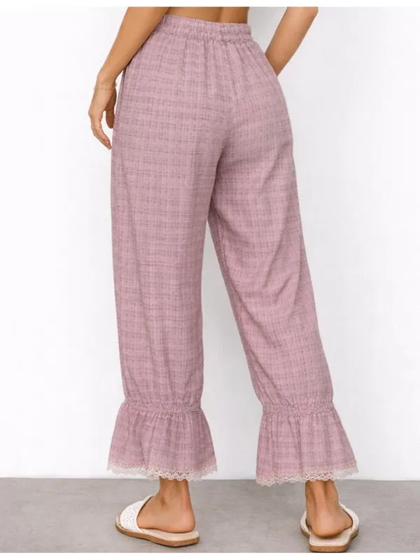 Elastic Waist Lace Hem Pocket Lantern Pants
