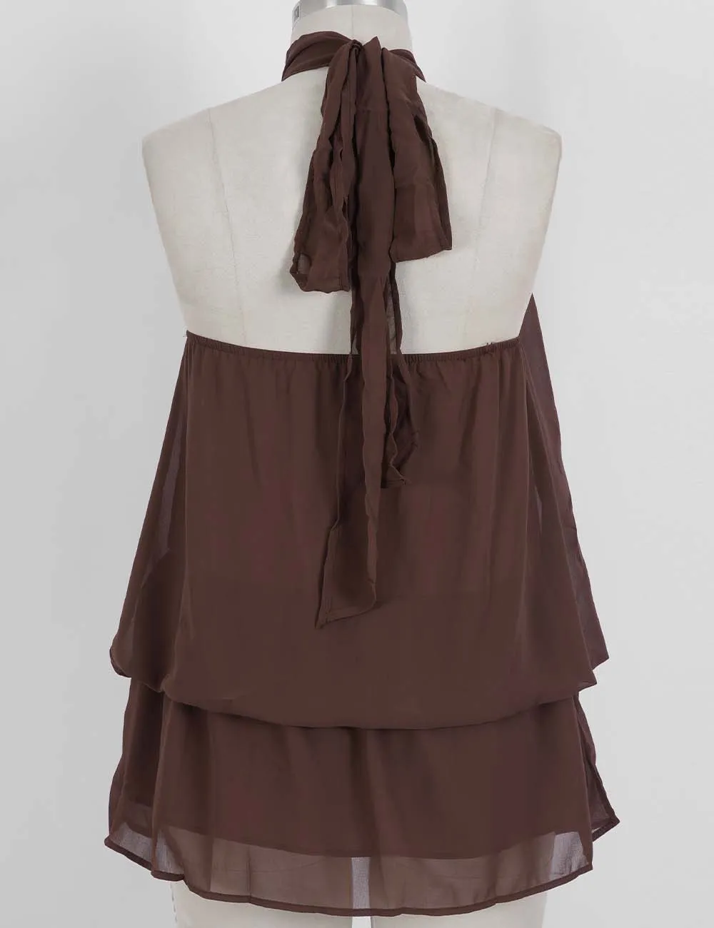 Chiffon Stand Neck Solid Color Ruffle Hem Sleeveless Top