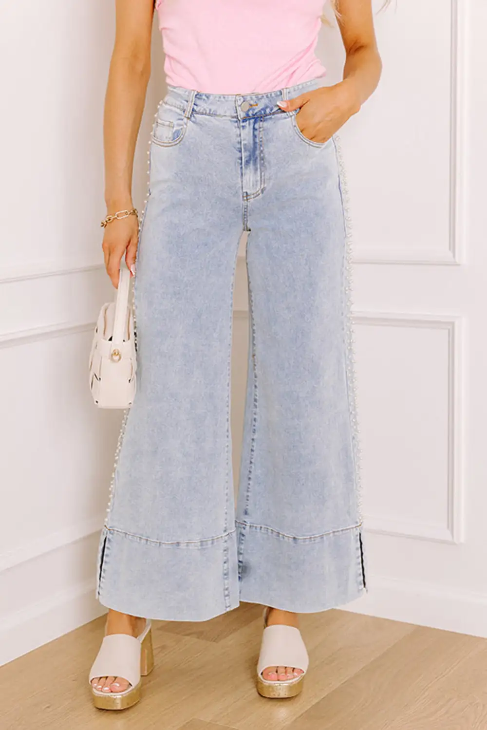 Mid Rise Pearl Embellished Split Wide Leg Jeans
