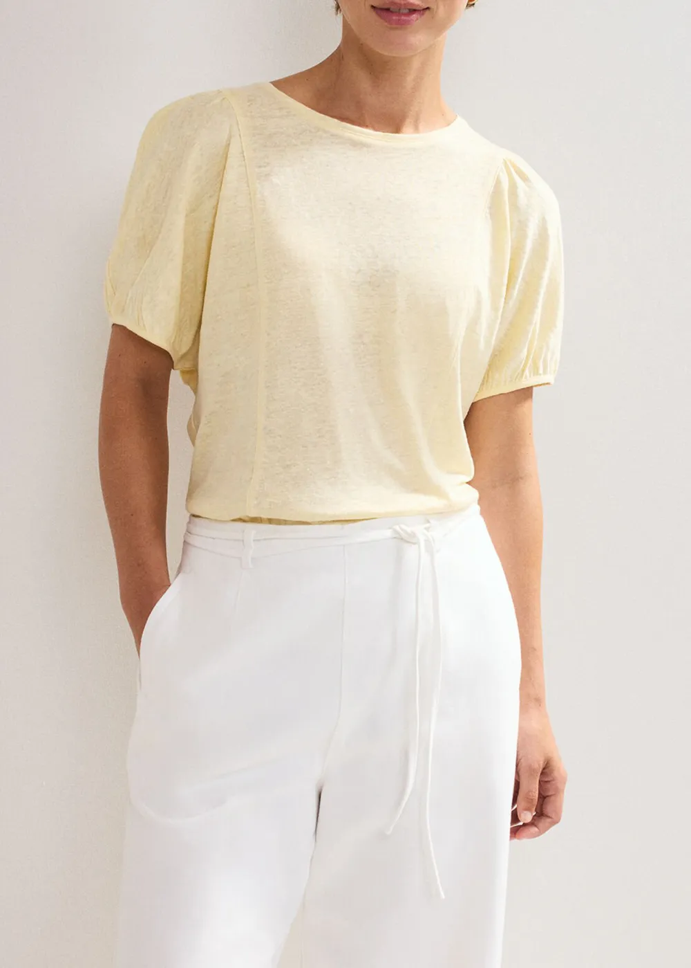 Casual All-Match Solid Color Linen Women's Round Neck Top