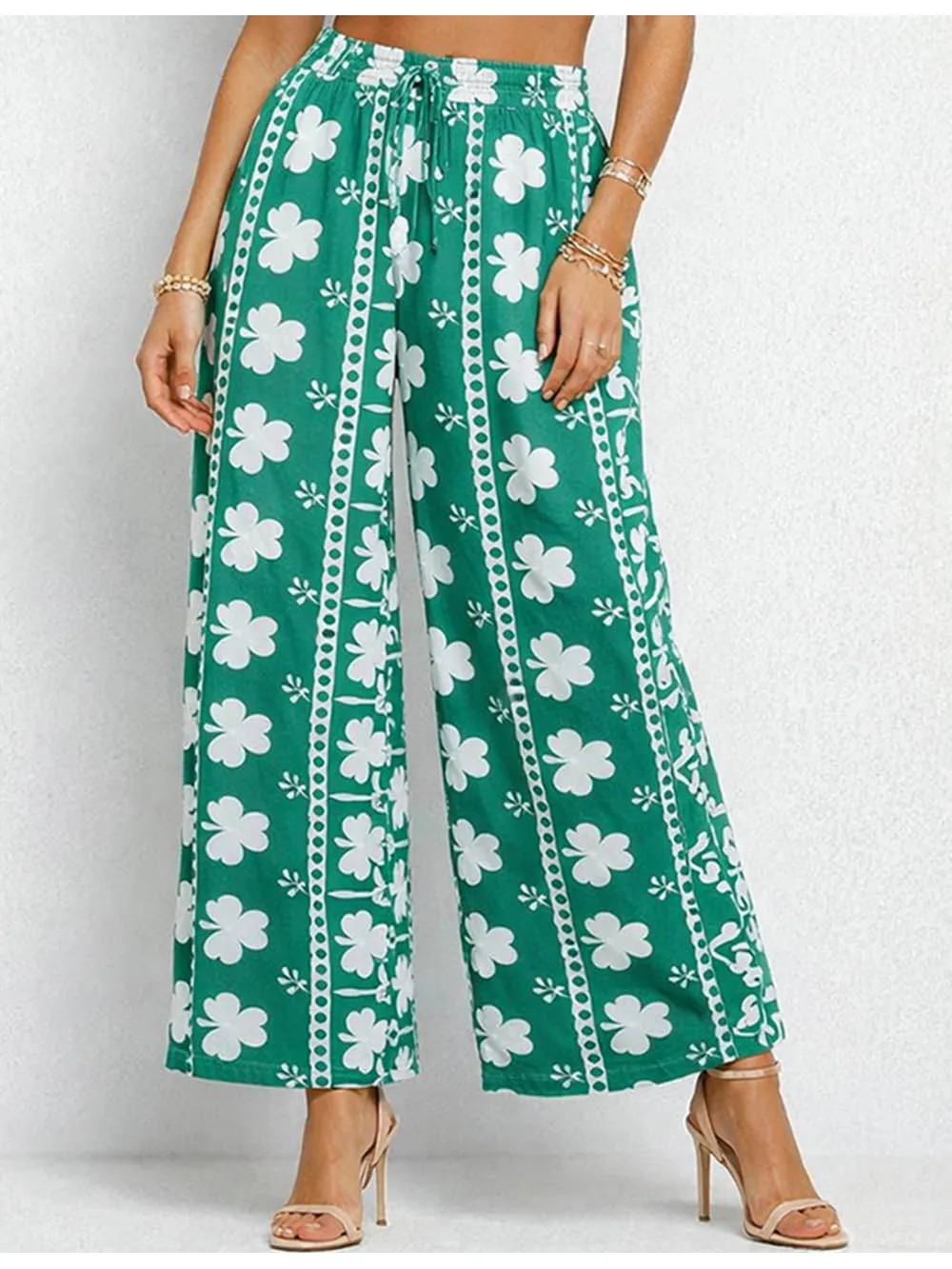 St Patrick Day Clover Elastic Waist Wide Leg Pants