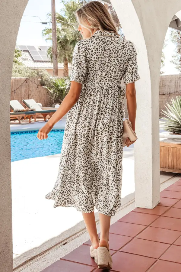 Leopard Print Puff Sleeve Button Front Contrast Trim Midi Dress