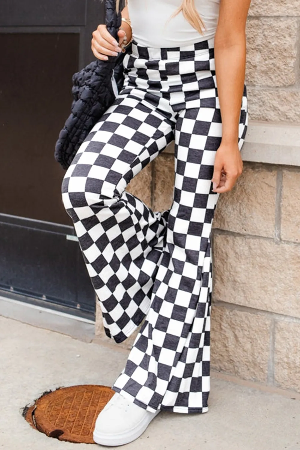 Black Checkerboard High Rise Casual Flared Pants