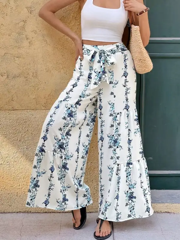 Floral Print Tie Front Wide Leg Pants