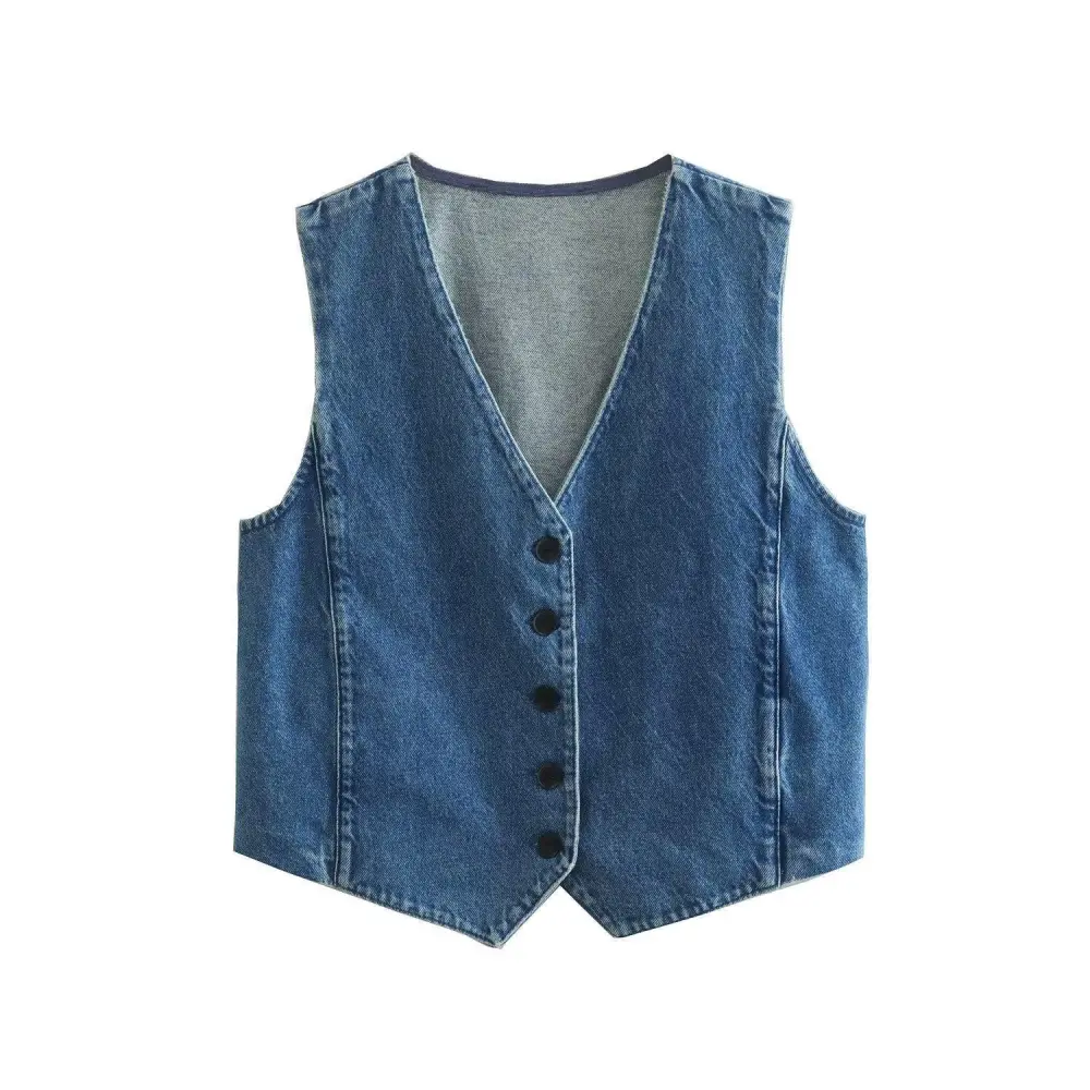 Sleeveless Denim V Neck Button Vest