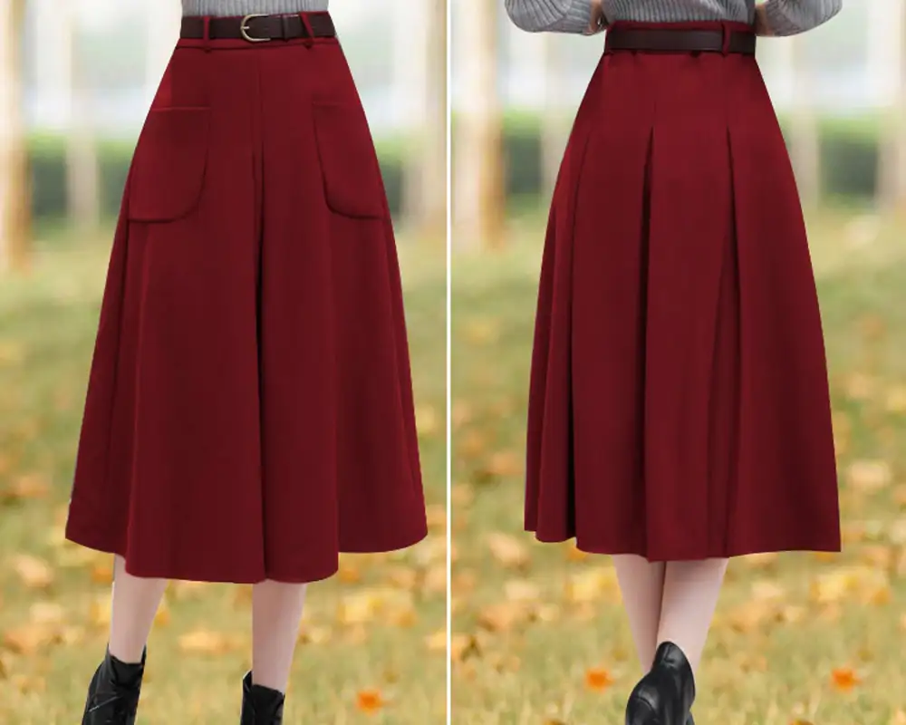 Soft Pleated Wool A Line Maxi Skirt