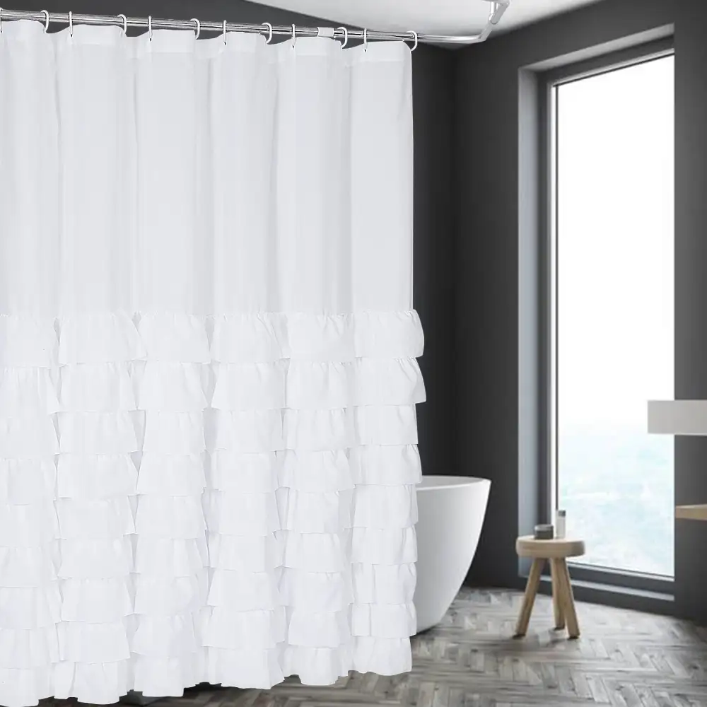 (Store Closing Sale) Delicate Microfiber Shower Curtain Handsewn Overlapping Ruffle Bath Curtain 72