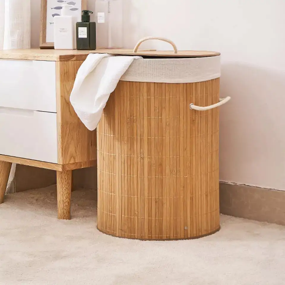 Foldable Bamboo Laundry Basket Round Light
