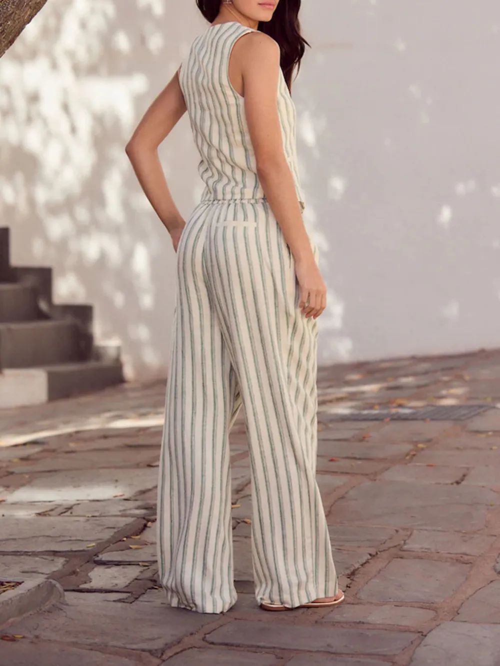 Striped Elastic Wide-Leg Pants With Linen