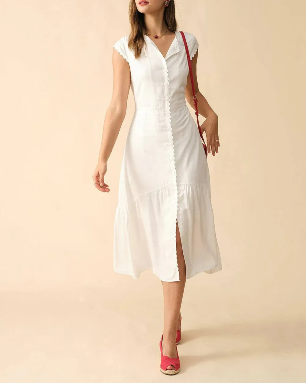 Lapel Collar White Dress