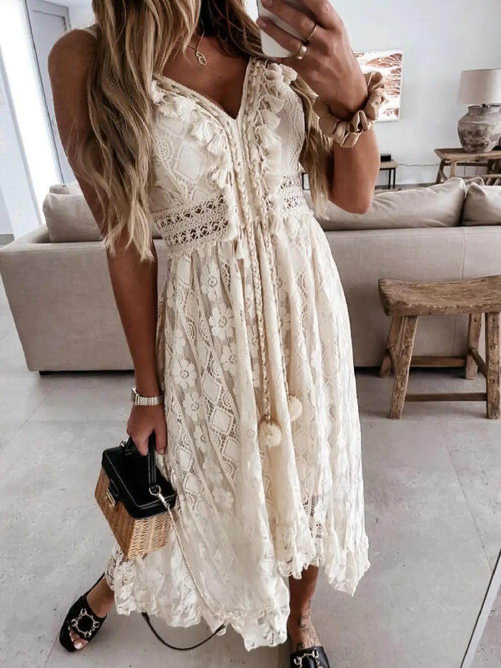 Lace V Neck Ruffle Maxi Dress