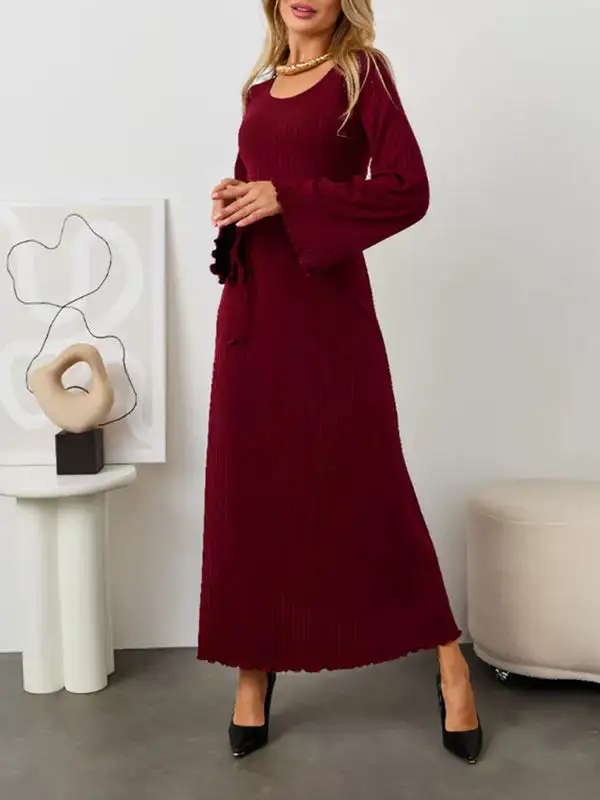 Sleeves Pleated Ruffled Long Neck Maxi Dress